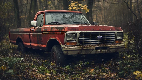 Old red Ford pickup truck abandoned in damp forest setting.