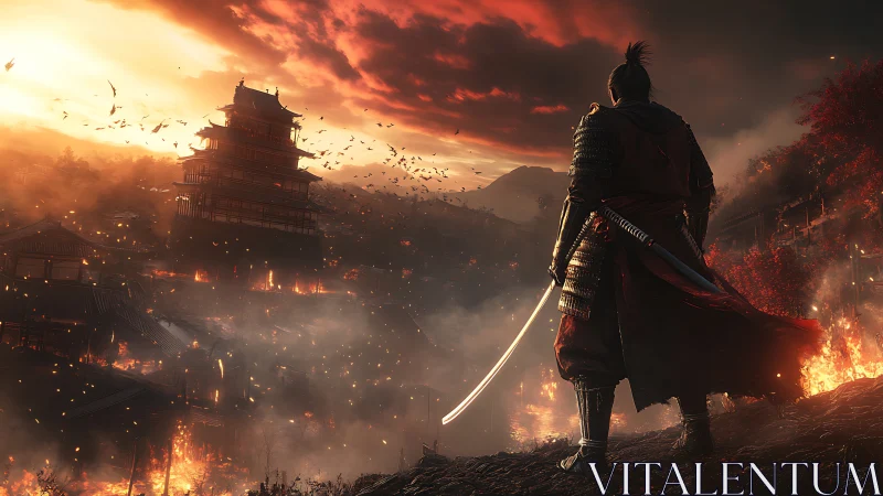 Lone samurai surveys a burning fortress under a bloodred sky