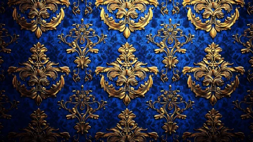 Baroque gold damask motifs sculpted over deep cobalt velvet
