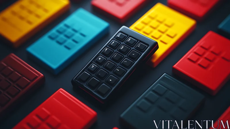 Black numeric keypad contrasts with vivid minimal blocks.