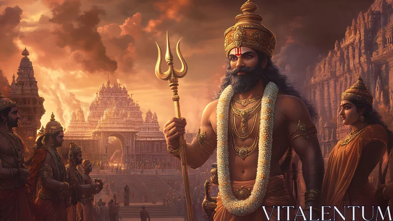 Sunlit trident bearer commands a myth-soaked temple procession