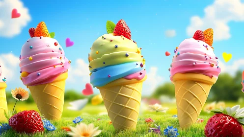 Triad of stylized ice cream cones stands on grassy field