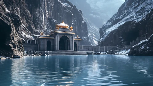 Tranquil mountain temple resting beside a still blue lake.