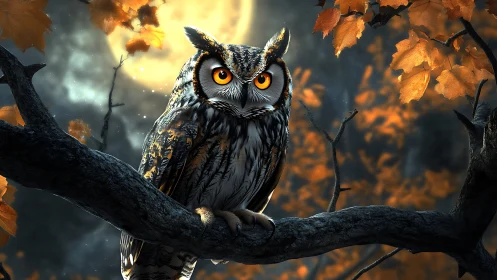 Majestic owl on autumn branch under full moon, digital art scene.
