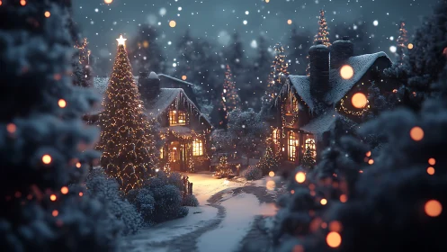 Snowy village lane with lit Christmas cottages at night.