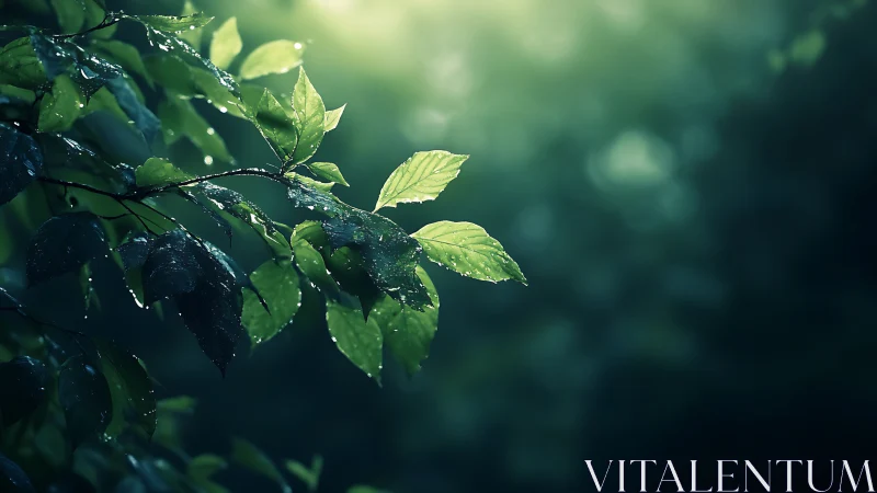 Wet green leaves in soft forest light after rainfall.