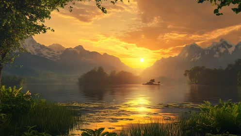 Digital sunset lake vista with alpine range composition.