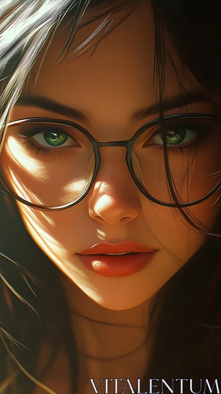 Cinematic close portrait of woman with glasses in warm light.