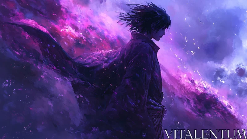 Solitary anime warrior strides through swirling violet storm