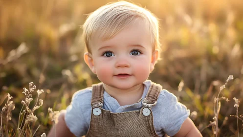 Golden Hour Wonder: Sweet Toddler's First Meadow Moment.
