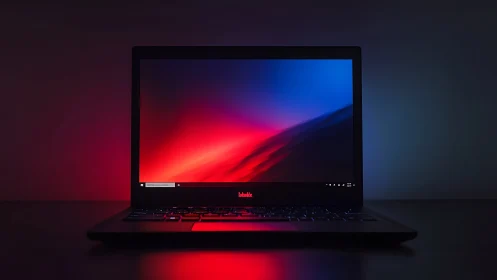 Front-facing laptop screen displays saturated red-blue gradient lighting