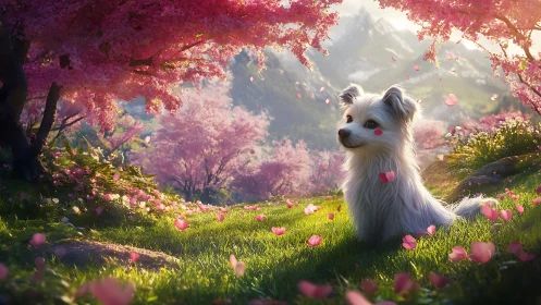 Gentle white dog rests beneath blooming cherry trees at dusk