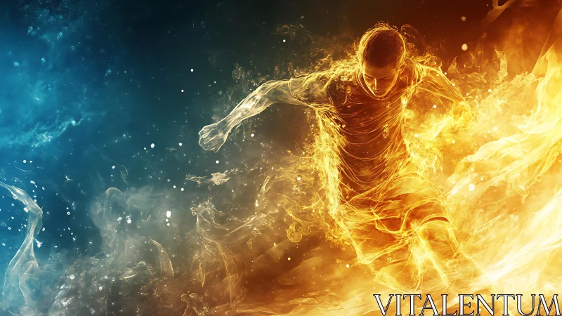 Fiery soccer player charges ahead through swirling energy