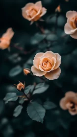 Peachy Roses in Soft Focus Garden Setting.