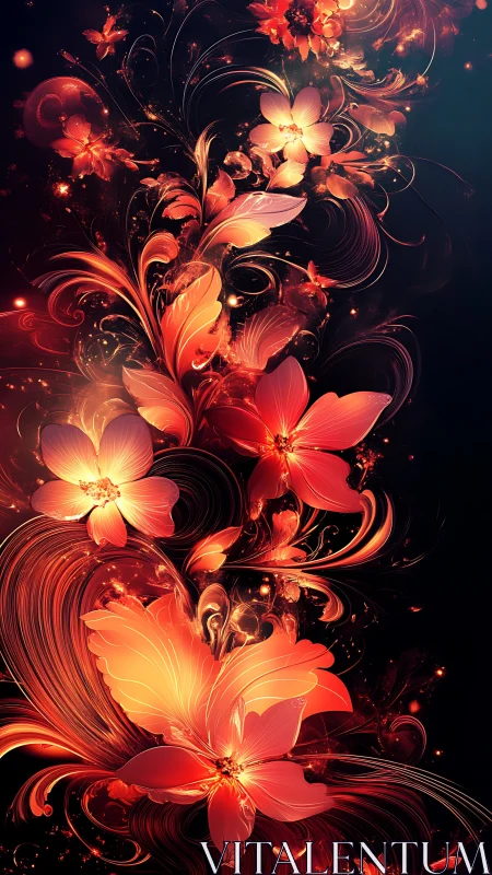 Luminescent fiery floral vectors in swirling dark field.