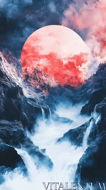 Crimson moonrise above roaring glacial cataracts dreamscape.