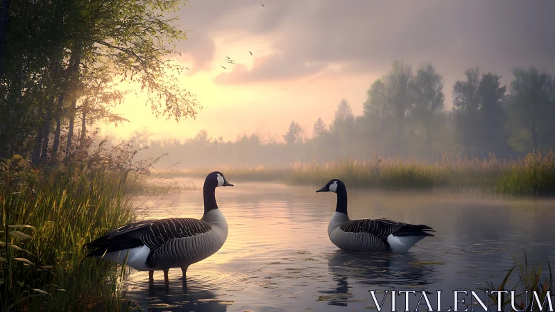 Serene Canada geese in photoreal dawn wetland composition
