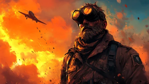 Battle-scarred pilot stands before burning war sky.