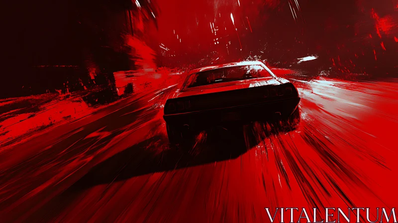 Rear view of speeding car on stylized red abstract road.