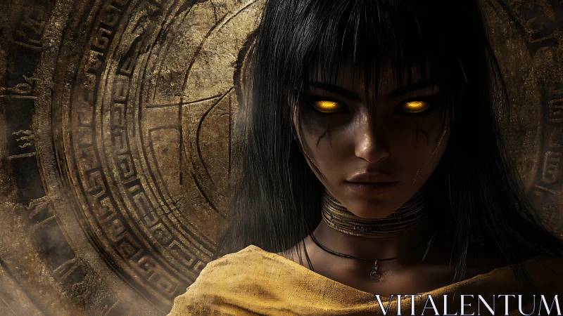 Mystical woman with glowing eyes before ancient sigil.