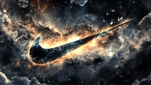 Cosmic swoosh emblem slicing through glowing nebula clouds.