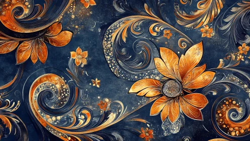 Golden floral swirls drifting across deep midnight blue.