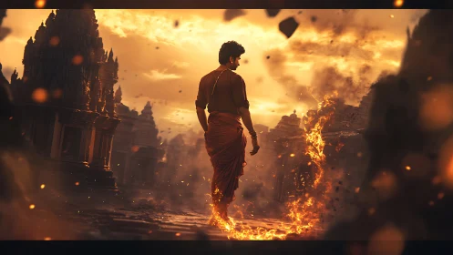 Fire-wreathed monk strides through ancient temple ruins at dusk.
