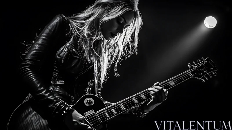 Backlit rock guitarist commands the stage in stark monochrome