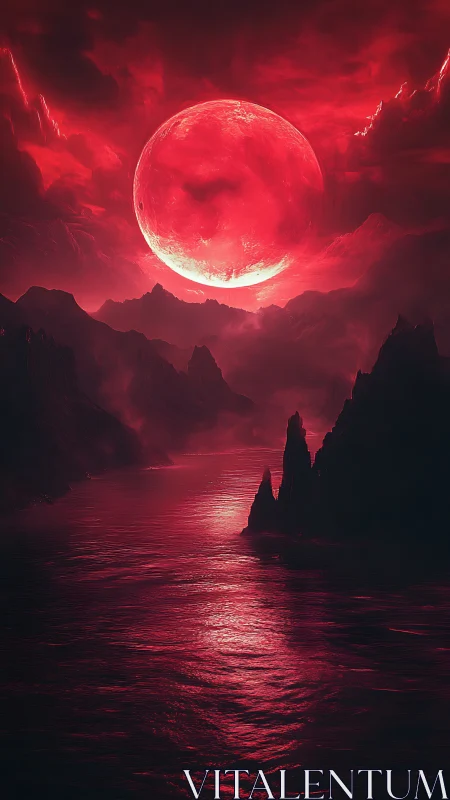 Red celestial body above dark mountains and reflective water.