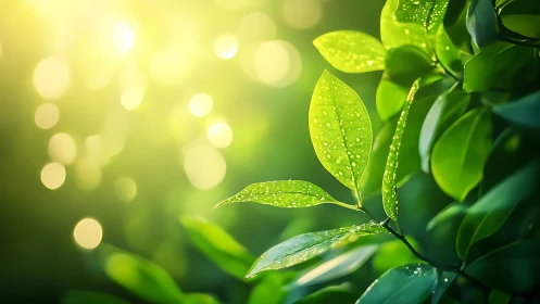 Morning dew on sunlit leaves in soft green bokeh glow.