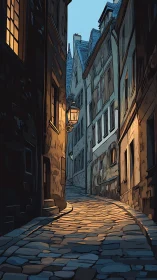 Twilight cobblestone alleyway with lamplit historic facades.