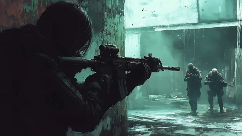 Tactical urban ambush in teal haze, digital painting composition.