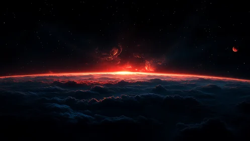 Molten red horizon above stormy alien cloud seas.