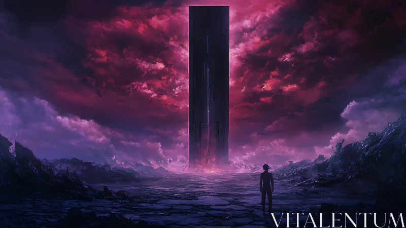 Colossal monolith under stormlit magenta alien sky.
