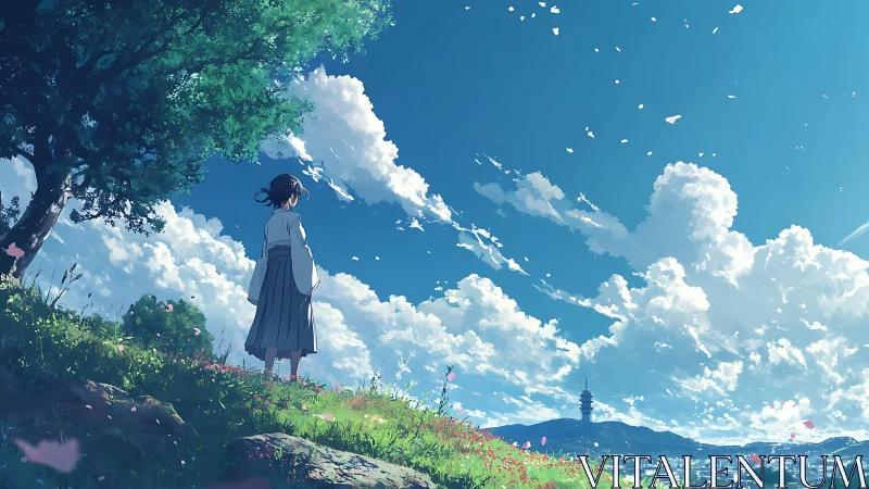 Anime hillside panorama with girl under tree and cumulus sky