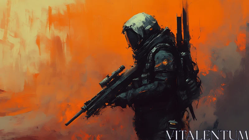 Lone space explorer moving through glowing orange mist.