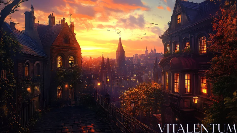 Digital painting of sunset-lit old town street perspective.