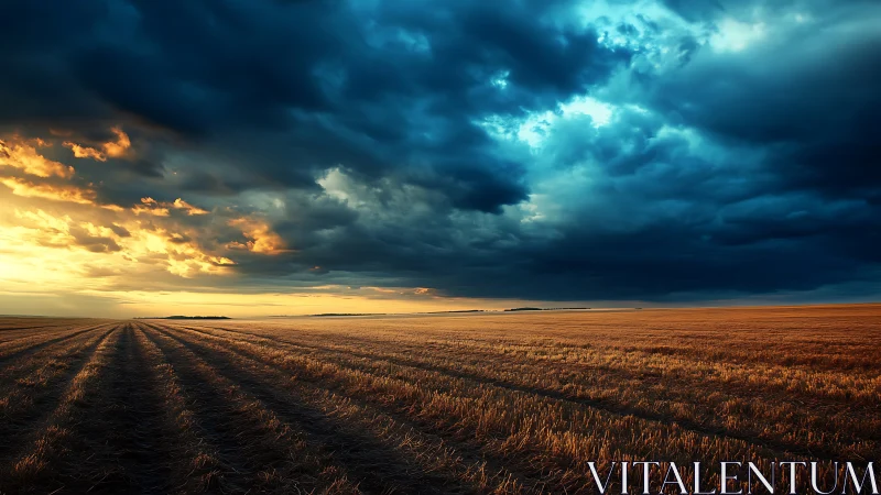 Golden field welcomes a dramatic stormlit evening sky