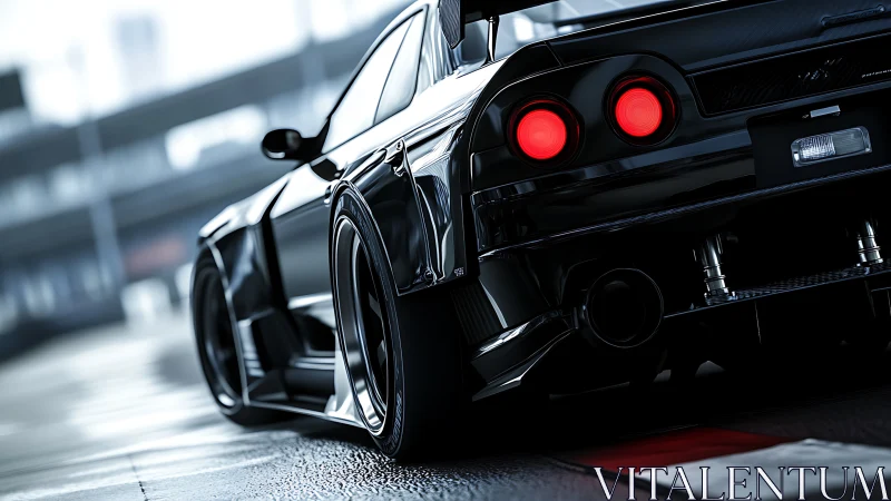 Black track-focused sports car is positioned on wet asphalt