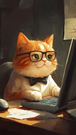Anthropomorphic Feline with Corrective Optics Operating Computing Device.