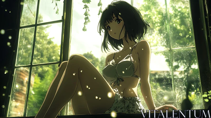Anime girl sitting by backlit window with green foliage outside.