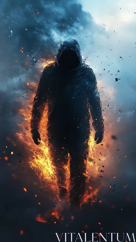 Hooded silhouette strides through erupting firestorm.