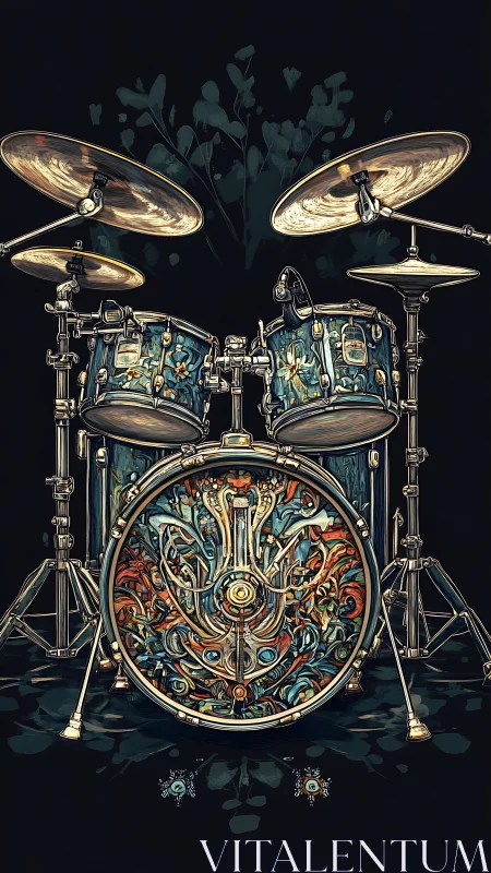 Ornate drum kit illustration with luminous cymbals on black.