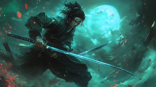 Dark samurai brandishes twin katanas under spectral moon