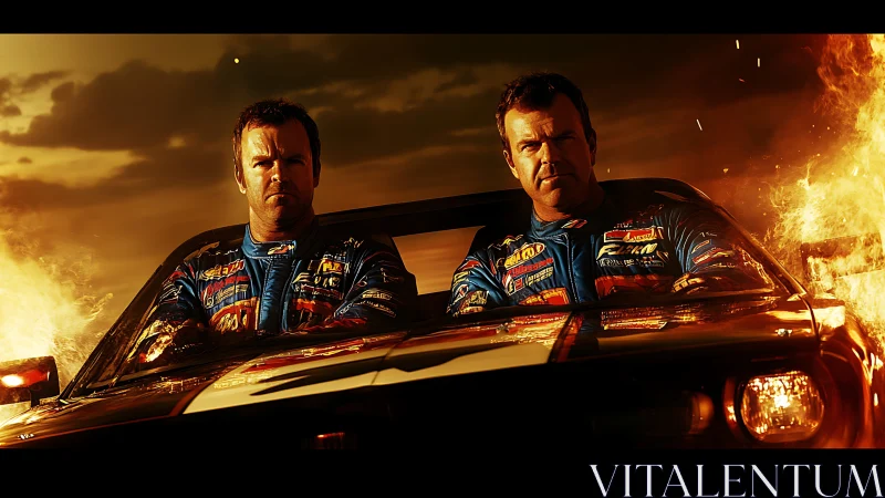 Twin racers riding through fire and golden evening light.