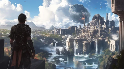 Armored figure surveys expansive tiered city with waterfalls