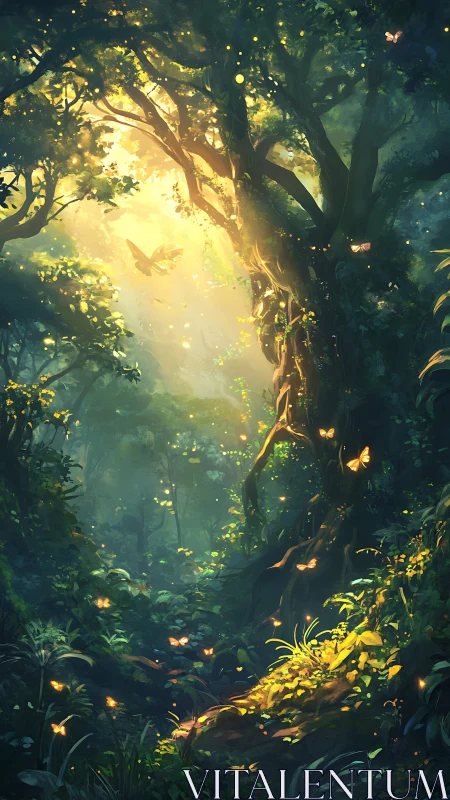 Illuminated forest pathway with golden light filtering through tree canopy.