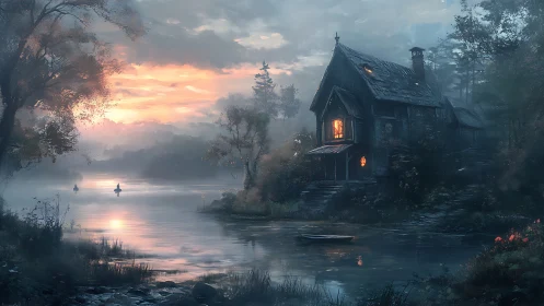 Riverside cottage glows at dusk with misty reflective water.