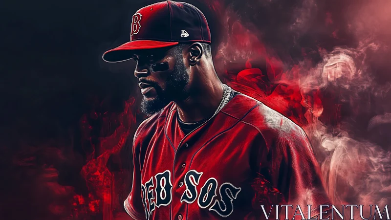 Baseball outfielder in red uniform amid swirling smoke