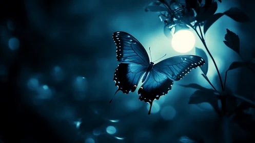 Midnight blue butterfly glows against soft moonlit bokeh.